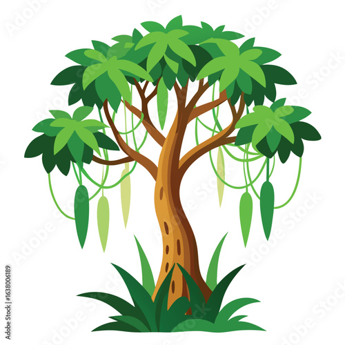 Tropical rainforest tree with vines and epiphytes botanical art