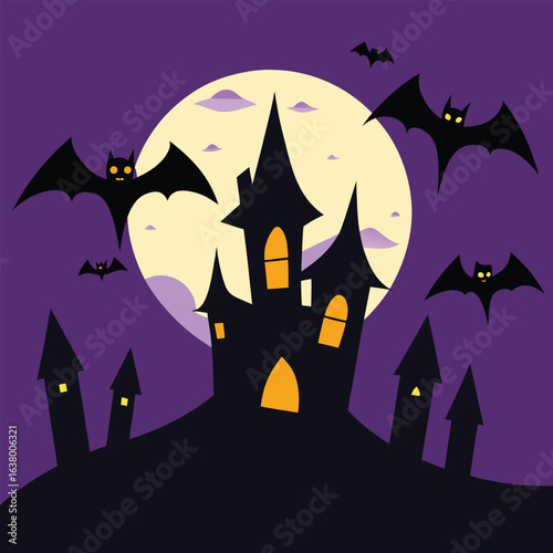 Vampire bat colony flying over halloween town with full moon