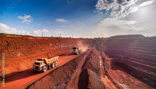 iron ore mining activities loading trucks deep red soil overburden removal heat waves industrial activity natural earth colors raw power