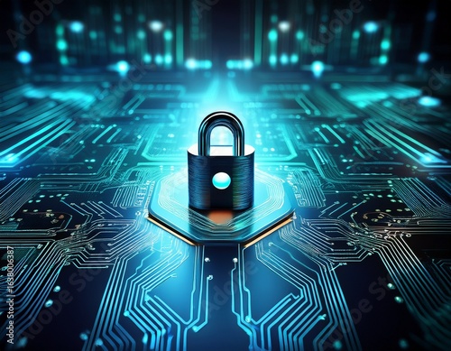 secure digital lock on circuit board representing cybersecurity technology and data protection innovations in modern computing systems