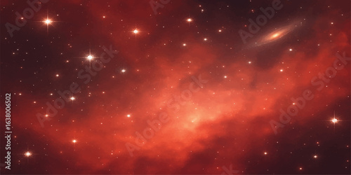 Abstract fantasy background of bright red and white stars glowing in a deep blue cosmos