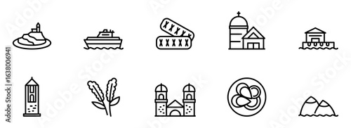 Simple line icons depicting travel, tourism, and vacation destinations:  coastal views, ferry boat, tickets, church, lighthouse, aquatic plants, and mountain scenery.