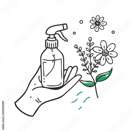 Spray atomizer in hand. Caring for plants and house flowers, gardening, moisturizing. For hairdressing salon. Vector illustration in doodle simple style isolated on white background. See Less
