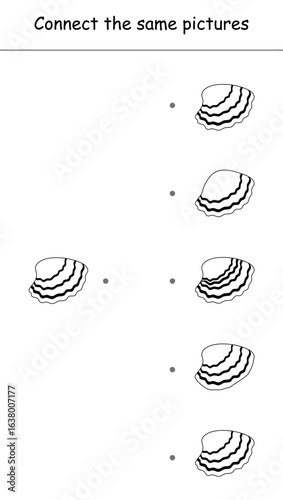 Logic game. Connect the same pictures of shell. Black and white vector illustration for children's coloring book, worksheet, print.