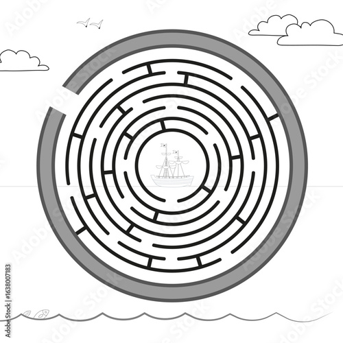 Find the way to the pirate ship. Maze game. Black and white. Cartoon vector illustration for coloring book, worksheet, print.