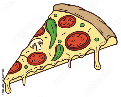 Prompt: Colorful vector of a cheesy pizza slice with pepperoni, mushrooms, and green peppers, realistic and appetizing design.
