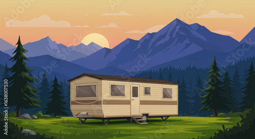 3D vector of a mobile home in a camping area with mountains
