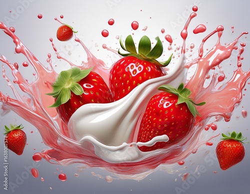 fruit milk splash strawberry drink design dynamic beverage art white background image