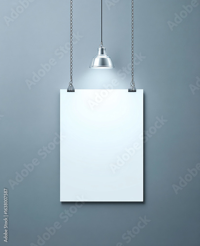 Wall Frame Mockup Blank white board hanging on a rope against a wall