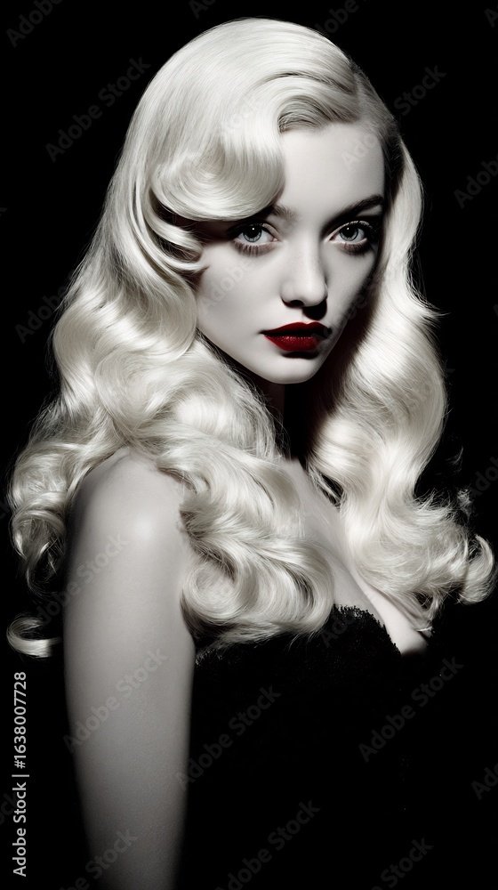 Fototapeta premium Elegant Portrait of a Woman with Blonde Waves, Intense Eyes, and Bold Red Lips