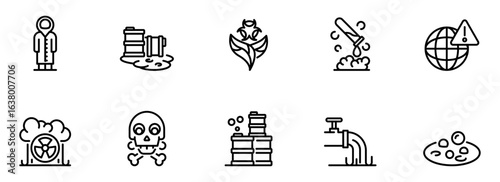 Global Environmental Pollution:  A Set of Ten Line Icons Depicting Toxic Waste, Chemical Spills, Biohazards, and Radioactive Contamination.