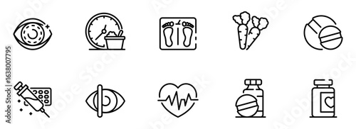 Healthcare icons:  Modern minimalist line art style depicting healthy lifestyle, medicine, and wellness;  clean, simple design; positive and informative mood.