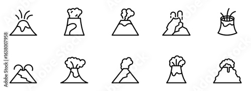 Ten Simple Line Art Volcano Icons: Erupting, Smoking, and Dormant Volcanic Illustrations for Educational, Informational, or Design Projects.