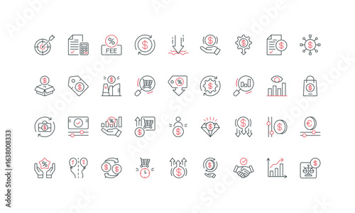 Price strategy, fee, money transaction, analysis and forecast line icon set. Special offer of cheapest retail and wholesale product, package thin black and red outline symbols vector illustration