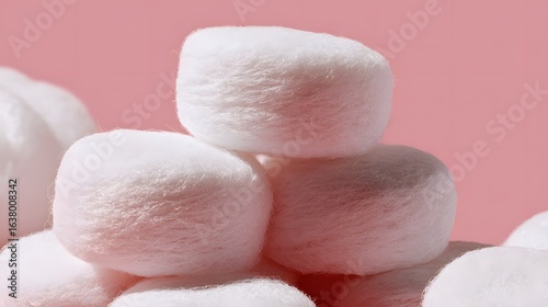 Fluffy white cotton balls stacked on a pink surface.