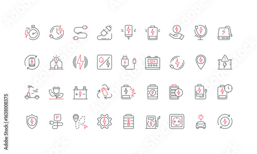 Charging battery and accumulator, electro car charger, power supply line icon set. Capacity and fast charge of phone and electric scooter thin black and red outline symbols vector illustration