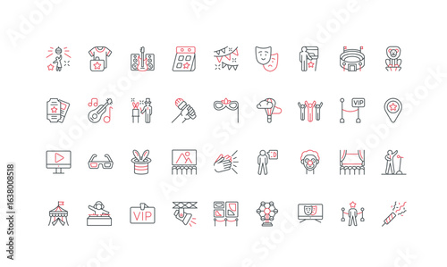 Colorful line icons representing entertainment show, concert, festival, and event concepts for web, app, or print design needs isolated on white background vector illustration
