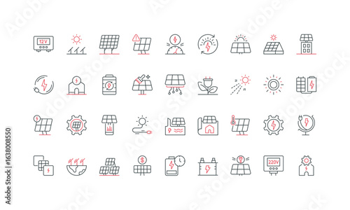 Solar panel, renewable source energy source, electricity generation and supply line icon set. Off grid system and battery, energy production cost thin black and red outline symbols vector illustration