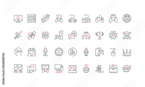 Video and multiplayer game, genres and player equipment, computer gaming line icon set. Ergonomic chair and headphones, speakers, controller thin black and red outline symbols vector illustration