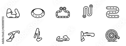 Go-Kart Track Icons:  A Collection of Ten Line Art Illustrations Featuring Go-Kart Parts, Racetrack Designs, and Wheels, Ideal for Website Design, App Development, and Marketing Materials.
