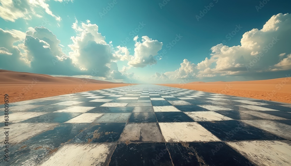Fototapeta premium Vast chessboard landscape stretches towards horizon under vibrant blue sky with fluffy clouds. Desert dunes flank checkerboard path. Surreal scene suggests journey, choice, strategy, and adventure.