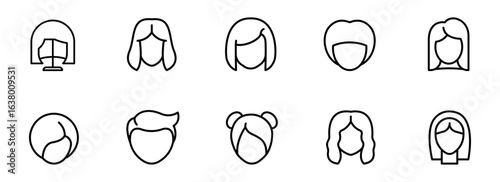 Collection of Minimalist Line Art Female and Male Hairstyle Icons; Simple, Modern, and Clean Design for Web or App Use.