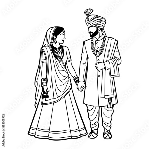 Minimal Hindu Wedding Couple Gazing Holding Hands Vector Illustration