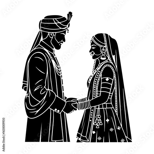 Minimal Hindu Wedding Couple Gazing Holding Hands Vector Illustration