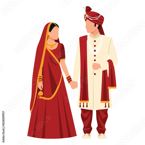 Minimal Hindu Wedding Couple Gazing Holding Hands Vector Illustration