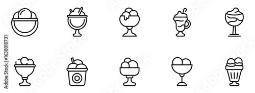 Ten Simple Line Icons: Ice Cream Sundaes, Cups, and Bowls; Minimalist Black and White Dessert Menu Graphics; Sweet Treats Vector Illustration Set.