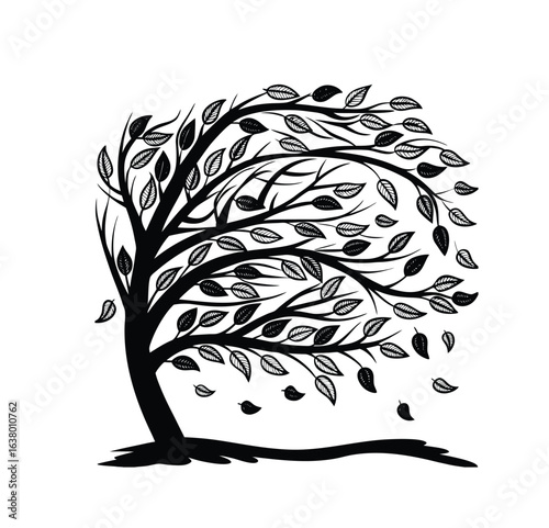 tree silhouette with leaves falling autumn wind vector