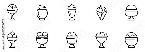 Ten Minimalist Line Icons: Ice Cream Sundaes, Cones, and Bowls; Sweet Treats; Dessert Menu Graphics; Clean, Modern Style; Delicious Food Illustration.