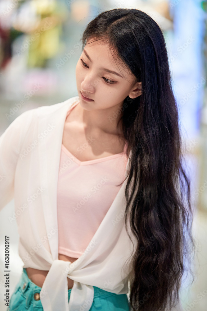 Fototapeta premium Chinese girls leisurely strolling through the clothing section of a shopping mall on a holiday