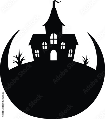 Haunted house silhouette on crescent moon isolated on white background