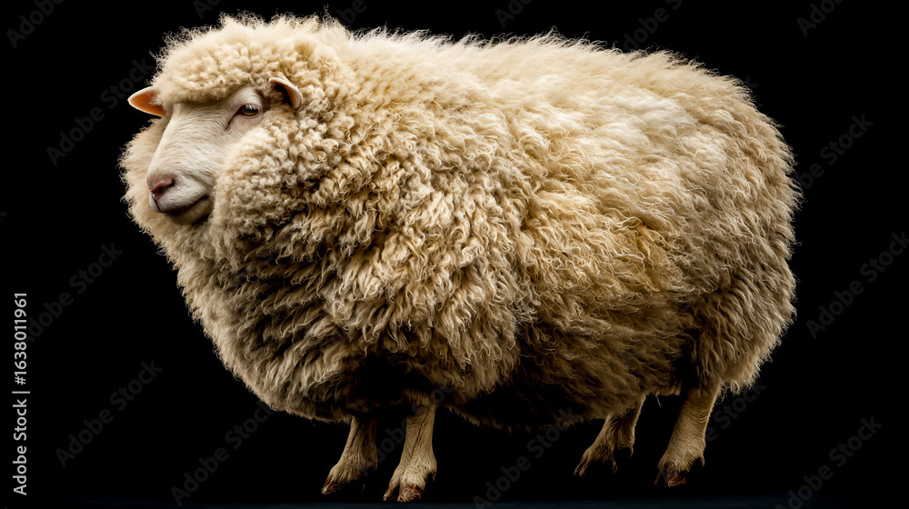 Obraz premium An extremely obese sheep, isolated against a black background