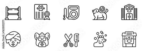 Dog Grooming and Training Icon Set:  Clean Line Art Style,  Modern Minimalist Design,  Perfect for Pet Care Businesses,  Veterinary Clinics, and Dog Walking Services.