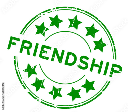 Grunge green friendship word with star icon round rubber seal stamp on white background