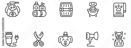Clean, modern line art icons depicting dog grooming supplies and a pampered pet; perfect for pet care websites, blogs, and mobile apps.