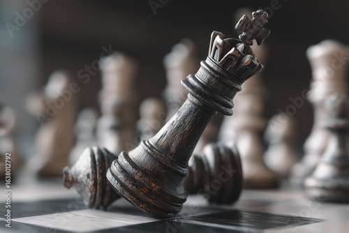 A chess game with a king falling down and breaking. It's a competition to see who has the best strategy.