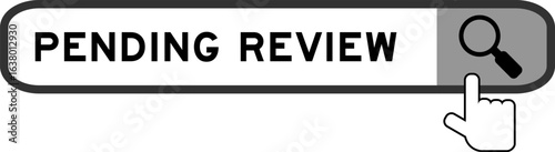 Search banner in word pending review with hand over magnifier icon on white background