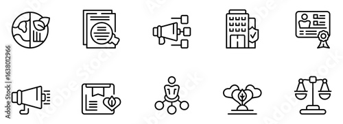 Modern Line Icons:  Global Sustainability, Corporate Compliance, Marketing Strategy,  Legal Justice, and  ESG Reporting for Business Presentations.