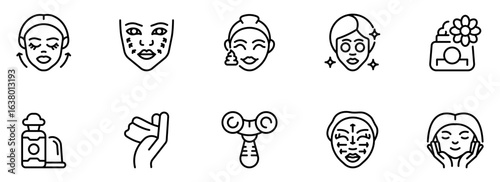 Clean Skincare Routine: Minimalist Line Icons Set for Beauty, Wellness, and Facial Treatment Products.