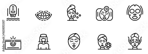 Modern Skincare Line Icons:  Facial Treatments, Beauty Procedures,  Cosmetology,  Spa,  Wellness,  Aesthetic,  Dermatology,  Cleanse,  Exfoliate,  Mask,  Microneedling,  Laser,  Rejuvenation.