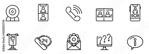 Modern Minimalist Line Icons: Communication, Support, and 24/7 Availability Symbols for Website or App Design.