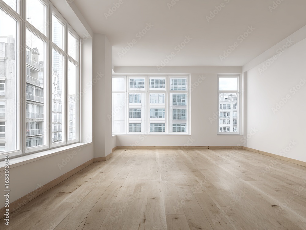 Fototapeta premium Empty Room Interior with Hardwood Floors and City View Windows