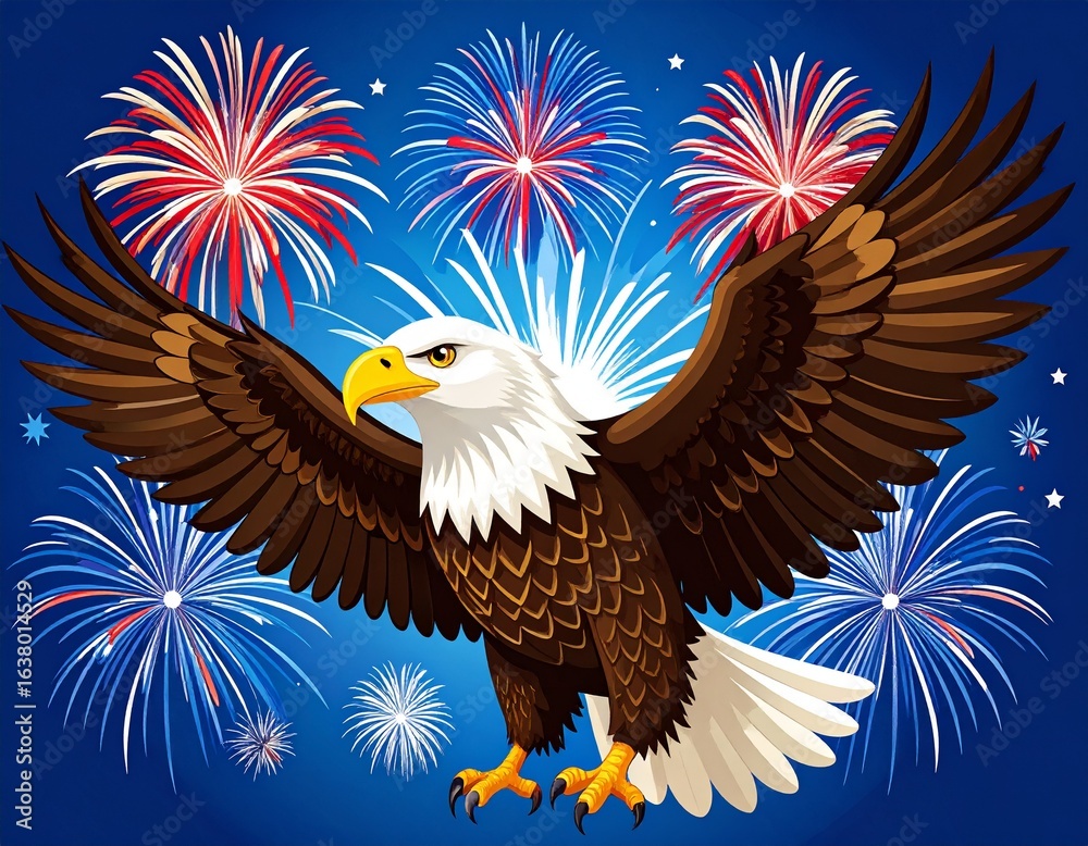 Obraz premium American Eagle and the Stars A majestic bald eagle the symbol of freedom and strength gazes with unwavering focus against a backdrop of the American flag. A national bird portrait