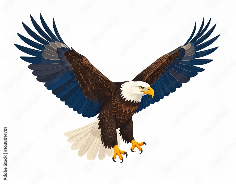Fototapeta premium American Eagle and the Stars A majestic bald eagle the symbol of freedom and strength gazes with unwavering focus against a backdrop of the American flag. A national bird portrait