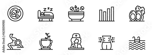 Modern Wellness Icons:  Healthy Lifestyle, Nutrition, Fitness, Sleep, and Medical Care Line Art Graphics for Website or App Design.