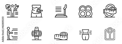 Weight loss, fitness, and healthy lifestyle:  A collection of minimalist line icons depicting diet, exercise, measurement, and wellness tracking.