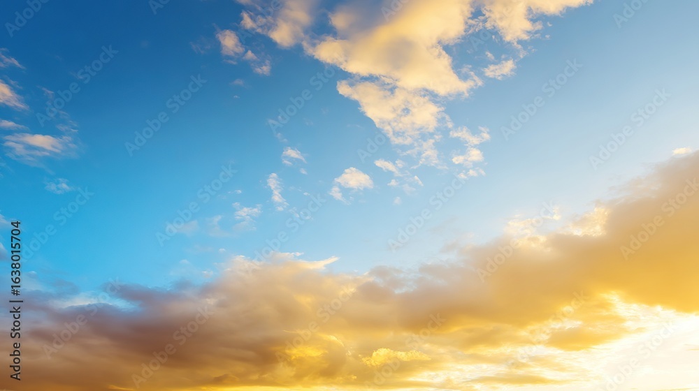 Obraz premium Blue and Orange Cloudy Sky Background with Golden Sunset Light – Hues of Azure and Amber Blending in Clouds, Bathed in Warm Golden Rays of the Setting Sun